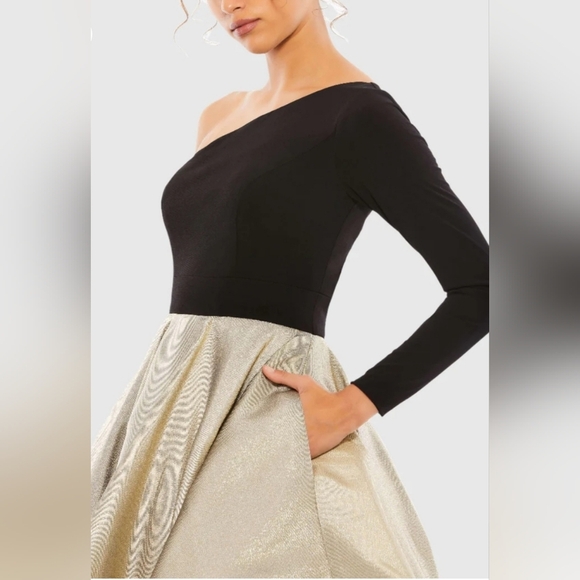 IEENA FOR MAC DUGGAL, Black & Gold One Shoulder A-Line Dress, Size 4, NWT! - Picture 3 of 14